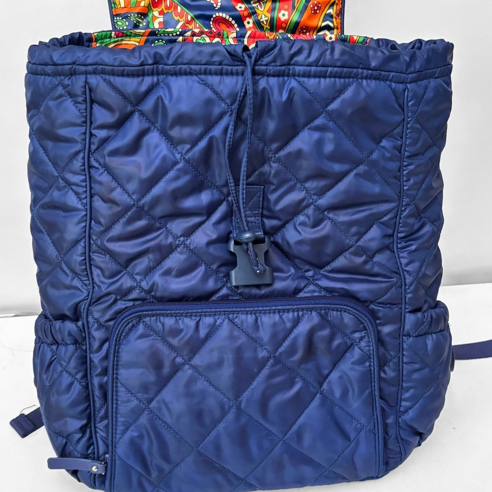 Vera Bradley Navy Blue Quilted Nylon Paisley Lining Drawstring Flap Backpack - Picture 2 of 10